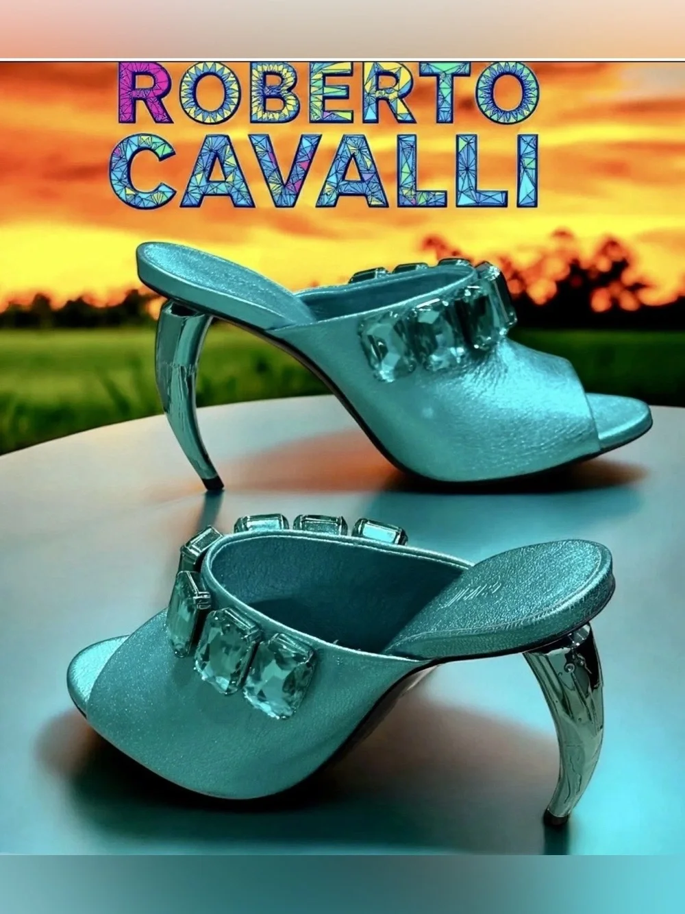 Roberto Cavalli  Turquoise Crystal Heels  EUR size 36.5.   US 6. Comes With COA.